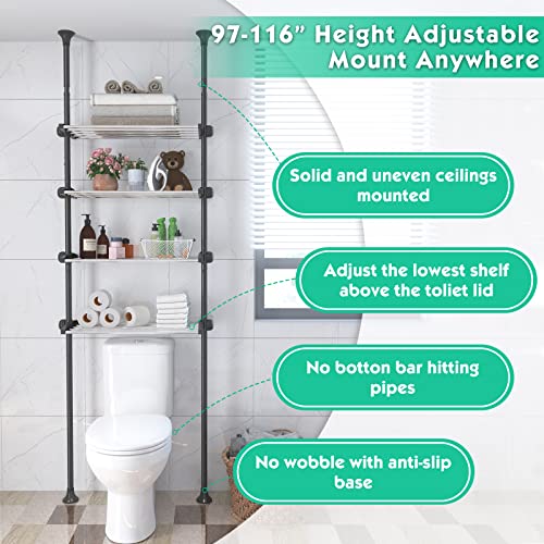 Lilyvane 4 Tiers Over The Toilet Storage, 97 To116” Adjustable Tension Pole Over Toilet Bathroom Organizer, Freestanding Bathroom Shelves Over Toilet For Most Showers Over The Toilet Shelf, Black #TOP1