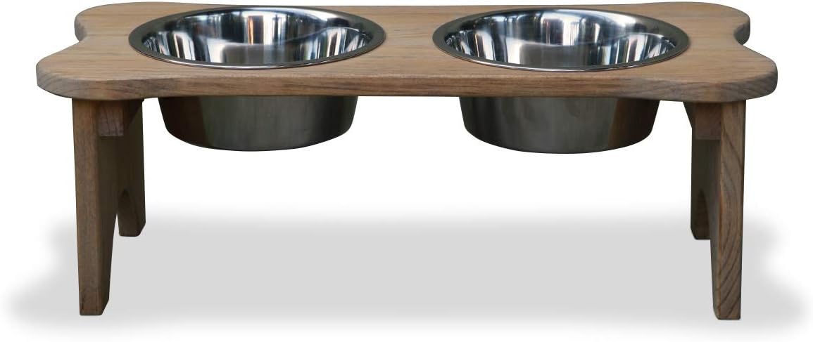 Peaceful Classics Elevated Wooden Pet Feeding Station - Unique Bone Shape Raised Stainless Steel Bowls for Comfortable Dining - Stylish and Durable Food Stand with 1 Qt. Bowls Included