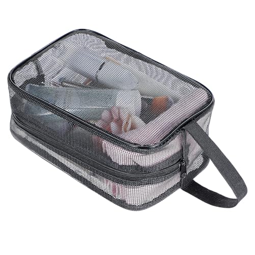 Dimeho Mesh Shower Caddy Bag, Small Mesh Toiletry Bags for Traveling Hanging Bathroom Zipper Bags Quick Dry Tote Bag Gym Pouch Camping Organizer for Gym Travel Camping Bathroom, Black