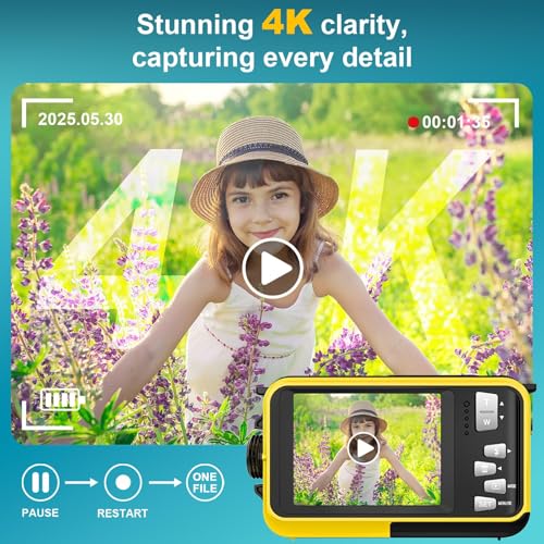 Image of 4K Underwater Camera 64MP Autofocus 16FT Waterproof Camera Dual-Screen Selfie 16X Underwater Camera for Snorkeling Waterproof Compact Floatable Digital Camera with 32GB Card,Yellow