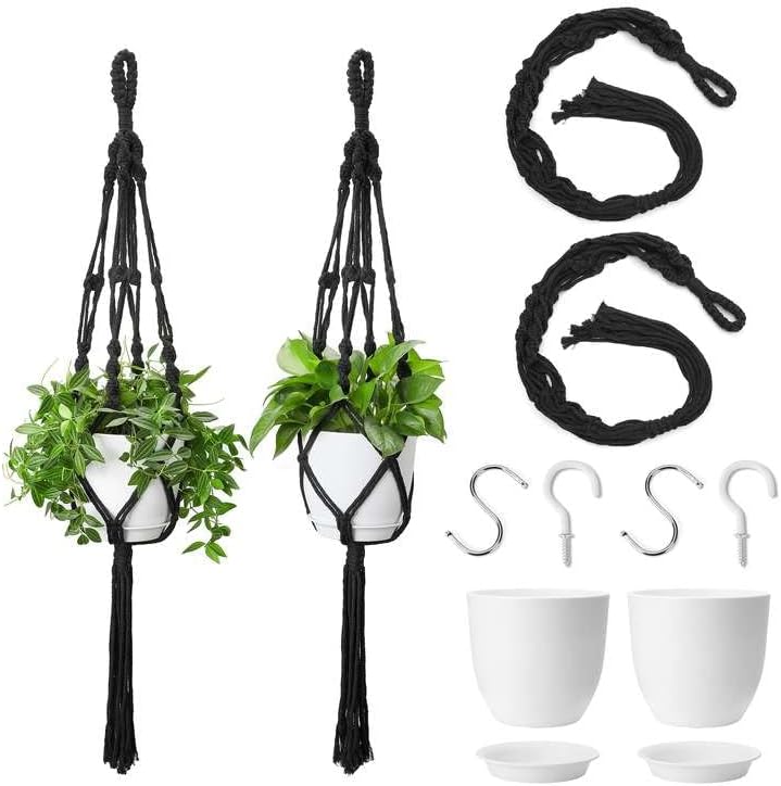 POTEY 40'' Macrame Plant Hanger with 6.3" Pots, Saucers and Ceiling Hooks, Boho Decorative Flower Holder, Crochet Hanging Planters for Indoor Outdoor, Black, 2 Set