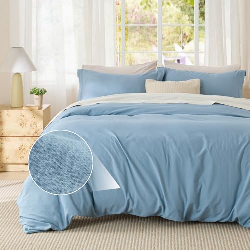 Image of Bedsure Textured Duvet Cover Queen Size - Cotton-Like Polyester Jacquard Duvet Cover Set for All Seasons - 3 Pieces Ultra Soft Bedding Set with 2 Pillow Shams, NO Comforter (Blue, Queen, 90 inchx90 inch)