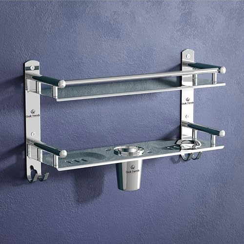Image of Bathroom Organizer Without Drill - Corner, Shelves, Rack, Shelf, Storage, Wall, Racks and Adhesive, Mounted, self Holder, soap, Stand Bathroom Accessories (Double Layer(5 in 1))