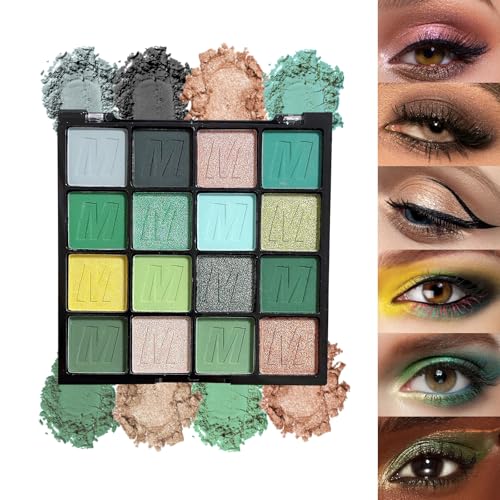 16 Colors Green Eyeshadow Palette, Green Eyeshadow with Metallic and Matte Finishes, High-Pigment Eye Makeup Pallet with a Long-Wearing Formula, Eyeshadow Pallet for Halloween Parties Christmas
