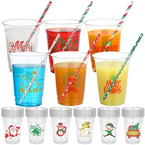 Nuogo 60Pcs 12Oz Merry Christmas Party Cups Christmas Disposable Clear Plastic Cups With 60Pcs Paper Straws For Xmas Party Decorations Holiday Tableware Party Supplies Drink #TOP9