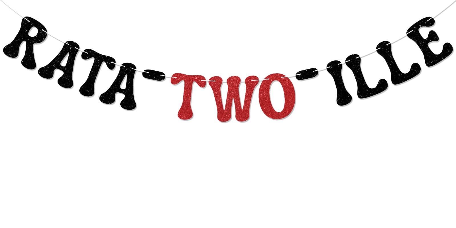 Rata-two-ille Banner - Cheers to 8 Years, Ratatouille Kids 2nd Birthday Party Decorations Black & Red Glitter