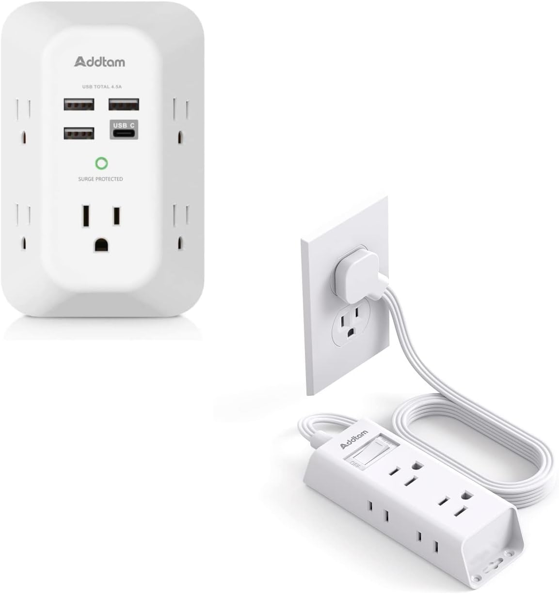 Cruise Essentials Flat Plug Power Strip and USB Wall Charger Surge Protector 5 Outlet Extender with 4 USB Charging Ports (1 USB C Outlet)