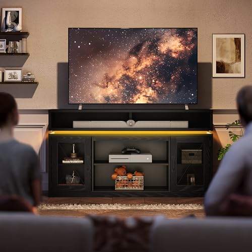 WLIVE Farmhouse TV Stand for TVs Up to 65 Inches, Tall Entertainment Center with Storage Cabinets & LED Lights, Media Console for Living Room, Bedroom, Home Theater, Black