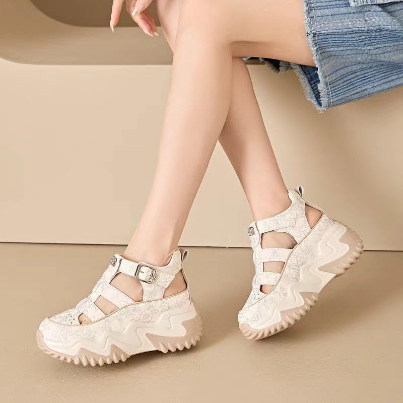 Women's 2025 Summer Platform Sneakers with Breathable Mesh, Chunky Casual Shoes for Height Increase - Lightweight Low-Top Design (Beige/Black/White)3