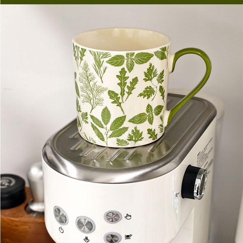 Green Floral Pattern Handled Ceramic Water Cup Breakfast Coffee Milk Cups