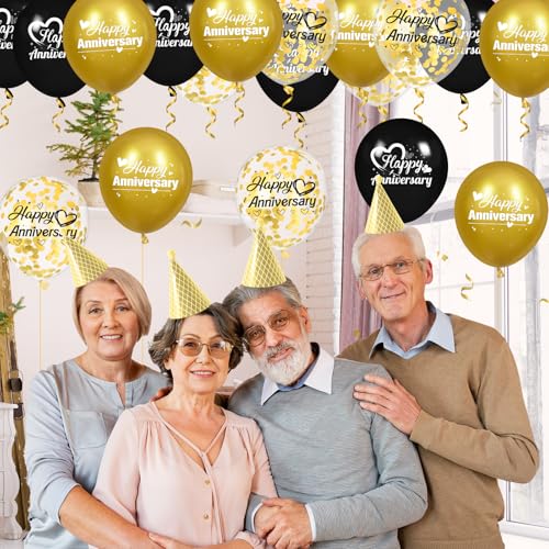 Happy Anniversary Balloons 18Pcs Black Gold Anniversary Party Decorations for Women Men Gold Silver 12Inch Metallic Confetti Anniversary Balloons for Indoor Outdoor Party Supplies - Image 5