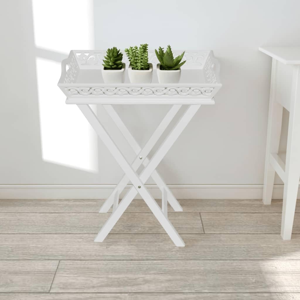 SXZenSpace White Side Table with Tray 57 x 37 11 cm Foldable MDF & Pinewood End for Living Room Bedroom Hallway Compact Small Coffee Plant Stand