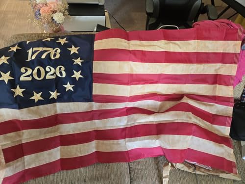 Image of SYII Vintage Cotton 250 Anniversary USA Flag 3x5 FT, Embroidered Heavy Duty 1776-2026 American Flag, USA 250 Patriotic Merchandise, with 2 Brass Grommets