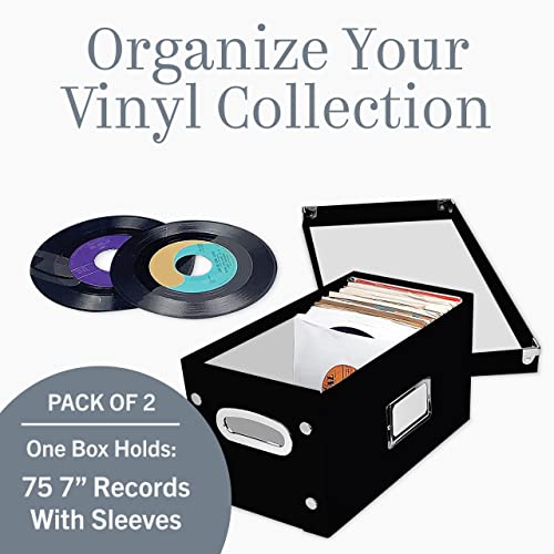 Image of Snap-N-Store Vinyl Record Storage Box - 7 inch /45 RPM - 2 Pack- Crate Holds up to 75 Vinyl Albums - Black | Collapsible crate design, snaps together for easy assembly, stylish record organizer for shelf display