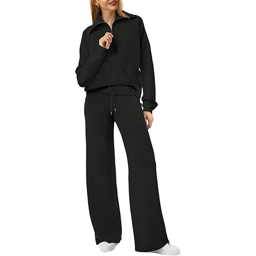 XIEERDUO Lounge Sets For Women 2024 Half Zip Sweatshirt And Wide Leg Sweatpant 2 Piece Outfits Sweatsuit Tracksuit