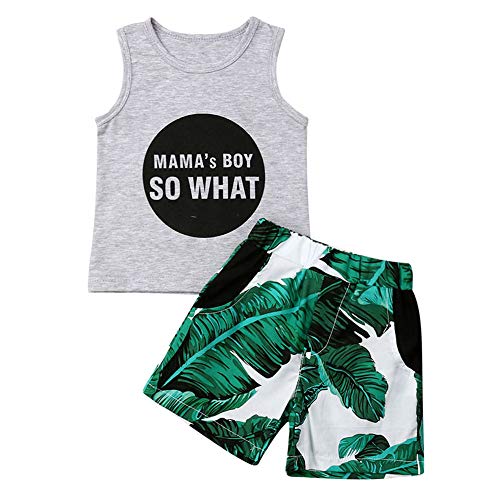 2Pcs Baby Boys Summer Clothing Cute Letters Print Sleeveless Tank Tops T-Shirt + Palm Shorts Outfits Set Age for 1-6 Years (Grey, 5-6 Years)