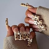 BABALAL French Tip Press on Nails Long Square Fake Nails Brown Cheetah Glue on 3d Bow Charm Design 24Pcs Squoval Manicure Acrylic Fall False Nail for Women and Girls