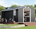 AMERLIFE 10.6x10.3x6.3 FT Outdoor Storage Shed with Sliding Doors Two 4-Pane Windows, Open Outdoor Shed for Wood Storage, Dark Grey/White