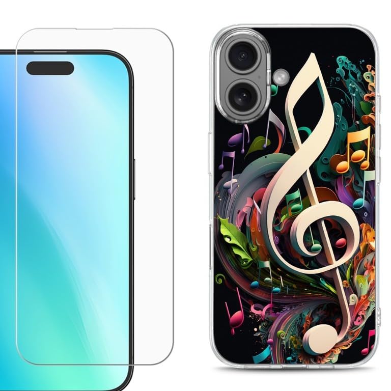 One Tough shield Slim Fit Shockproof Phone Case Compatible with iPhone 16, with Tempered Glass Screen Protector - Music Notes Colorful