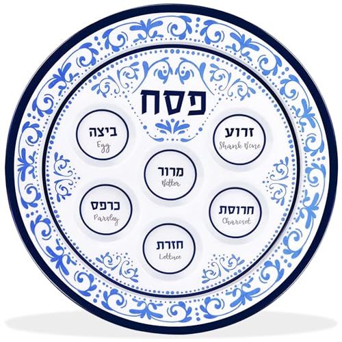Passover Seder Plates 12" Melamine - 6 Section Plate Marked with Symbolic Pesach Seder Foods - Round Seder Tray for Adults, Children by Zion Judaica - Blue Floral Renaissance Single Passover Plate
