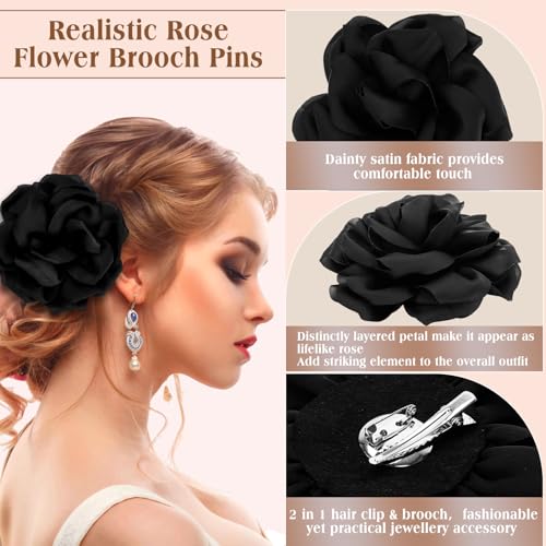 Image of Yadiana Rose Flower Brooches and Pins for Women, Dainty Satin Fabric Rose Brooches Lapel Pins Elegant Hair Clips for Wedding Party Banquet Dress Suit Clothes Accessories Valentine's Day Jewelry Gifts
