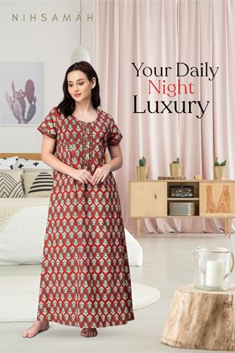 Image of NIHSAMAH Cotton Nighty for Women with Pocket, Premium Printed Long Nighty | Comfortable & Fancy Sleepwear /Nightwear