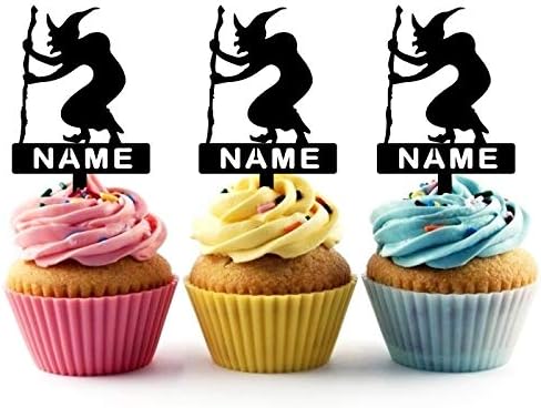 TA0439 Halloween Witch Silhouette Party Wedding Birthday Acrylic Cupcake Toppers Decor 10 pcs with Personalized Your Name