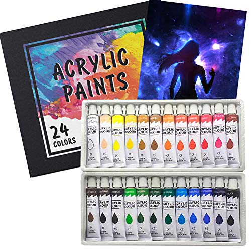 Acrylic Paint Set 24 Colors 12ml Acrilic Non-Toxic Rich Pigments Paints Sets for Artists Hobby Painters Adults Kids Beginners Professionals Ideal for Canvas Wood Clay Fabric Ceramic Craft Supplies