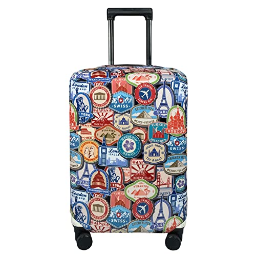 Explore Land Travel Luggage Cover Suitcase Protector Fits 18-32 Inch Luggage (Landmark Sticker, L(27-30 inch luggage))