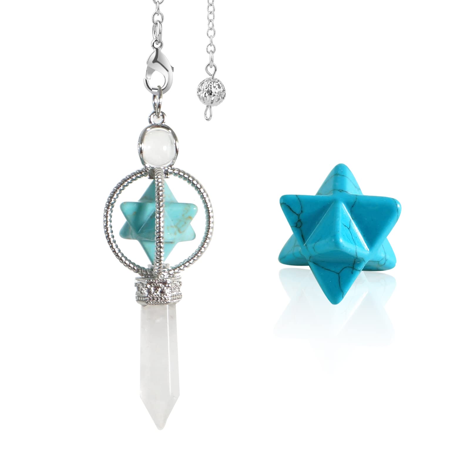 Merkaba Crystal Set 1Pcs Merkaba Turquoise Hexagram White Crystal Pendant Pendulum and 1Pcs Sapphire Merkaba Stereoscopic Hexagram