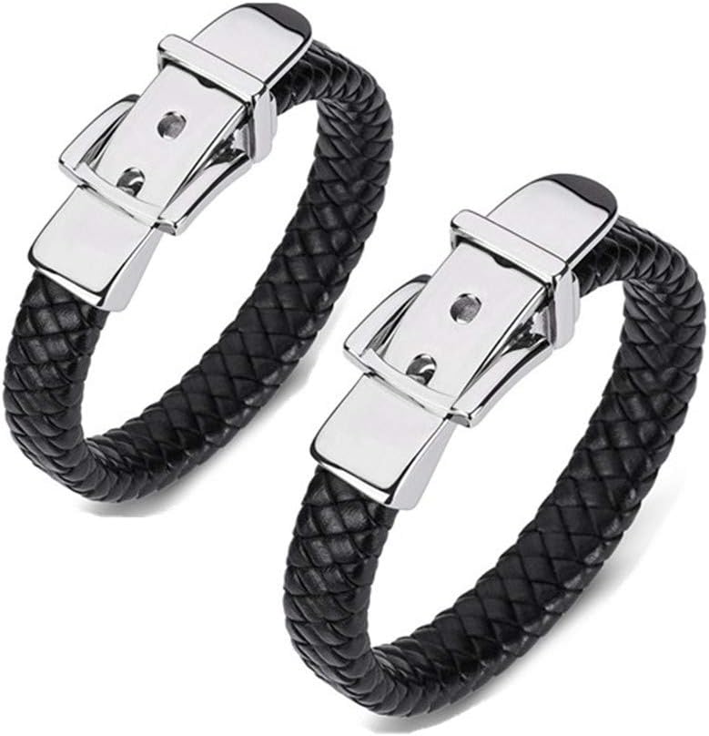 LiFashion LF His Her Stainless Steel Genuine Leather Belt Buckle Cuff Bracelet Bangle for Men Women Couples for Engagement Anniversary Birthday Valentine Gift,Black,7'' and 7.8''