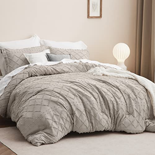 Image of Bedsure Queen Comforter Set - Linen Comforter, Boho Tufted Distressed Vintage Bedding for Kids, 3 Pieces Farmhouse-Style Bed Set for All Seasons, Fluffy Soft Bedding with 2 Pillow Shams