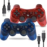 2 Pack Controller for PS3 Wireless Motion Sense Dual Vibration Upgraded Gaming Controller for Play 3 with Charging Cord (Transparent Red and Transparent Blue)