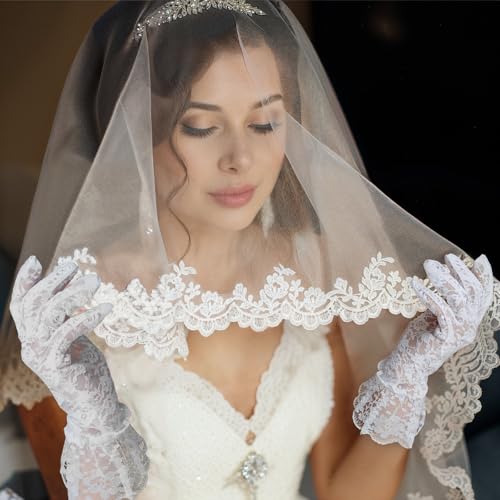 2Pairs Short Lace Gloves White Tea Party Gloves Vintage Courtesy Glove for Formal Princess Dressing Wedding Halloween4