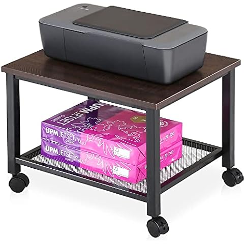 FITUEYES Druckerständer Druckerhalter mit Rädern Holz Metall Braun Mesh Regal Wagen Cover