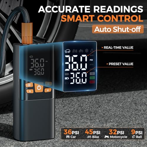 Image of Tire Inflator Portable Air Compressor 150PSI Cordless Air Pump with 10000mAh Battery and 12V DC Dual Power Auto Shut Off Digital Gauge Fast Inflation for Car SUV Truck Motorcycle Bike Ball