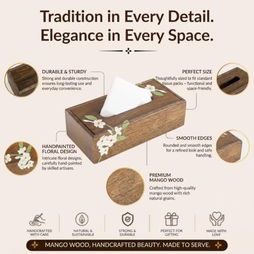 Image of Aurum Crafts Bella Handpainted Wooden Tissue Box Holder | Decorative Napkin Dispenser for Tabletop | Tissue Box for Home Living Room Office Decor