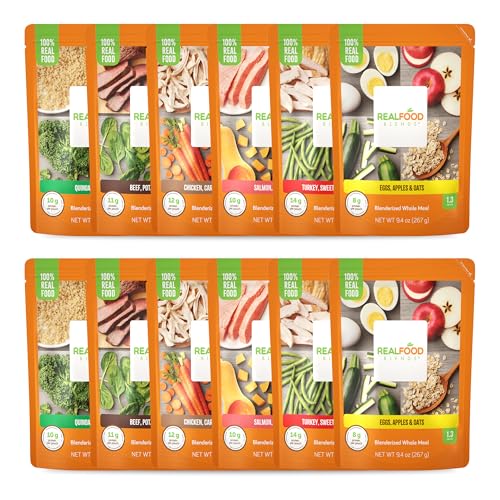 Real Food Blends Variety Pack - Pureed Food Meals for Tube Feeding with Protein, Vegetables & Fruits - 320–340 Calories Per Pouch for Lunch & Dinner - 9.4 oz (Pack of 12)