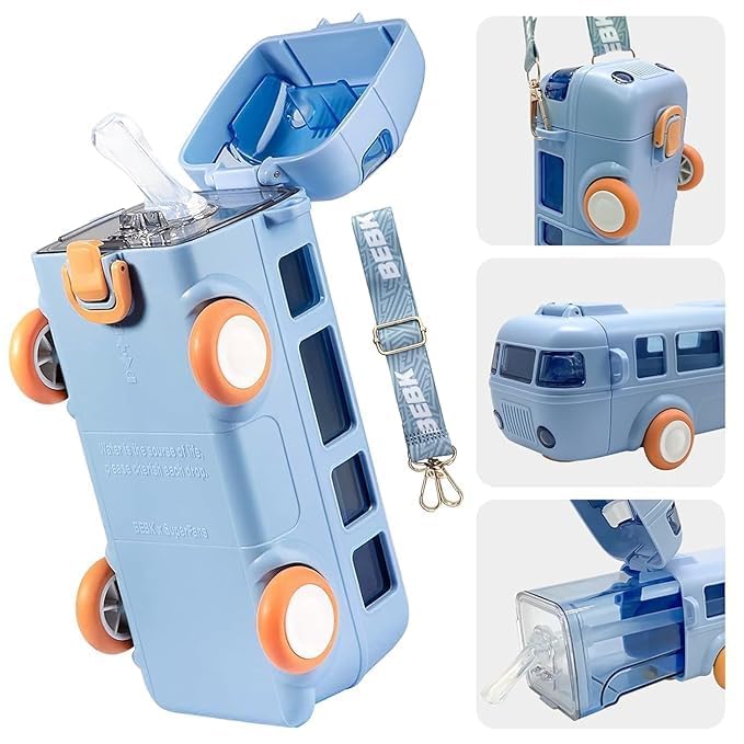 Zollyss Baby Water Bottle | Water Bottle 500 ml with Straw | Cartoon Bus Design | One-Button Press Lock | School Bottle fo