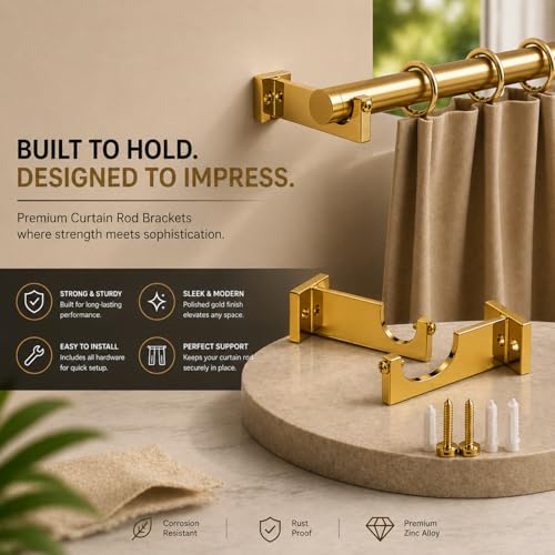 Image of Elite Aluminum Curtain Rod Brackets - Heavy-Duty Wall Mount Clamps for Curtain Rod Support for Door and Window Curtain Rods with Screw and Wall Plug - Pack of 2PCS (EliteCurve) (Gold)