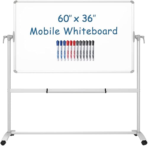 VIZ-PRO Pizarra magnética móvil de doble cara, 60 x 36 pulgadas, soporte de acero, con 12 marcadores