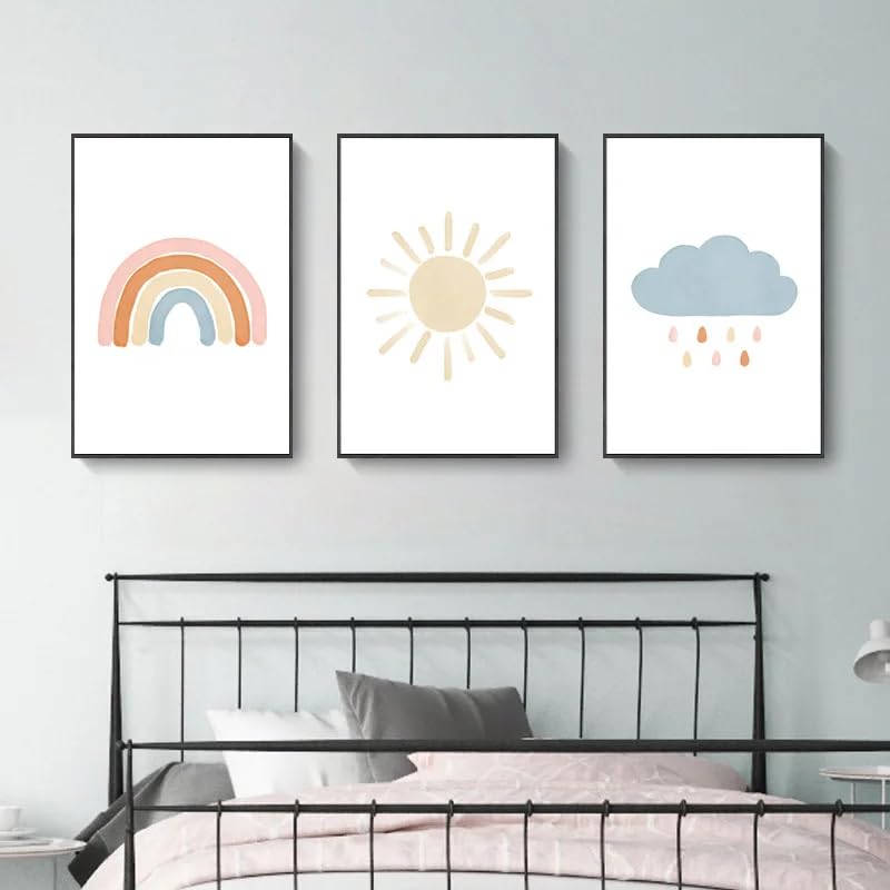 Tableau abstrait arc en ciel soleil nuage de pluie sur toile affiche minimaliste moderne