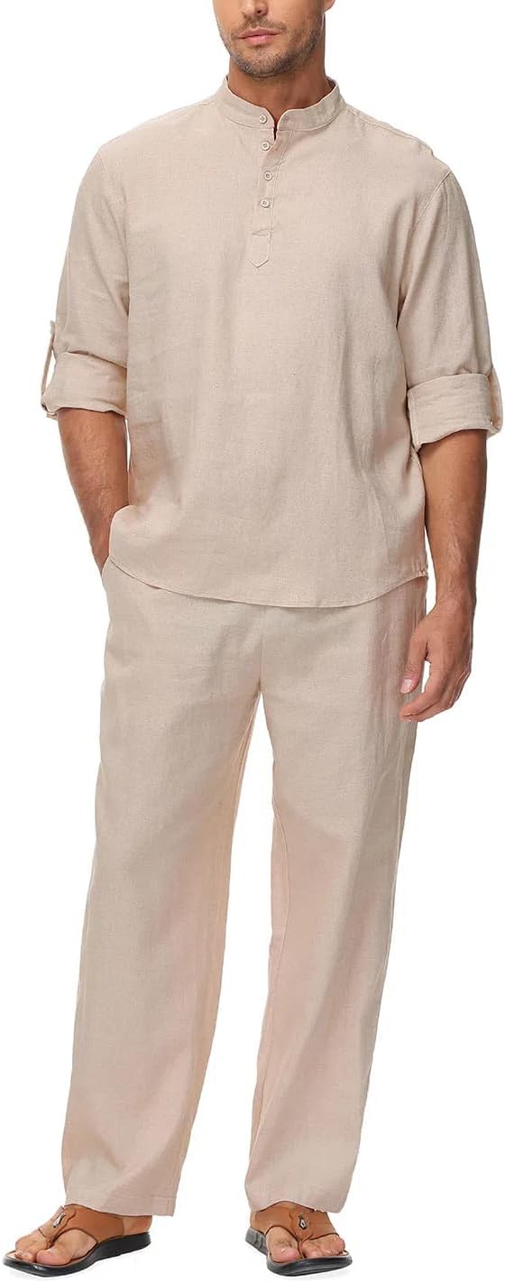 Lamgool Men’s Linen Set 2 Pieces Long Sleeve Button Henley Shirts Casual Drawstring Pants Summer Beach Yoga Outfits