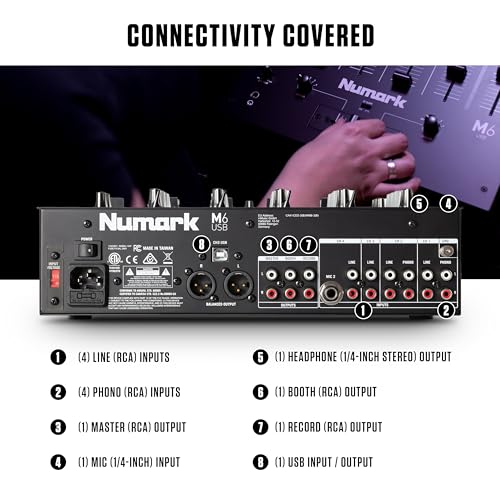 Numark M6 USB - 4-Channel DJ Mixer with Built-In Audio Interface, 3-Band EQ, Microphone Input and Replaceable Crossfader with Slope Control,Silver/Black - Thumbnail 3