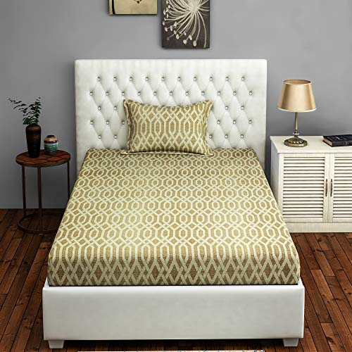 Image of Swayam Roto Cotton Single Bedsheet with 1 Pillow Cover | Size 60 x 90 inch | 144 TC | Geometric Design | Soft Breathable Bed Sheet | Comfortable & Durable for Bedroom - Brown & Beige