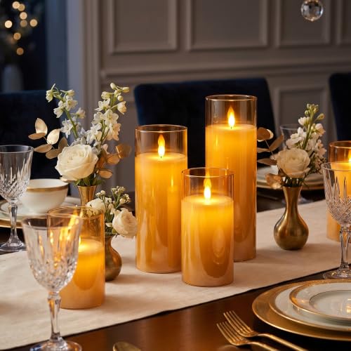 Image of LTETTES Real Wax Led Candle with Glass Cup | Flameless Flickering Wick | Amber Glass Finish | Battery Operated with Remote Controller | Decorative Candle for Home, Festival & Gifting | D-3 inch x H-7 inch