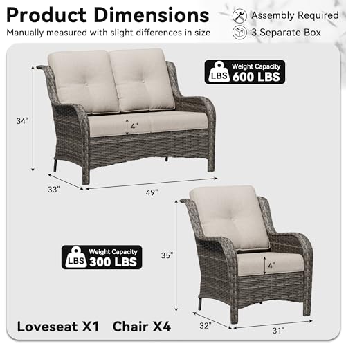 Image of 5 Piece Outdoor Wicker Patio Furniture Set, Patio Chairs Set with Thickened Olefin Cushions, High Back and Deep Seating, Hand-Woven PE Rattan for Porch, Deck