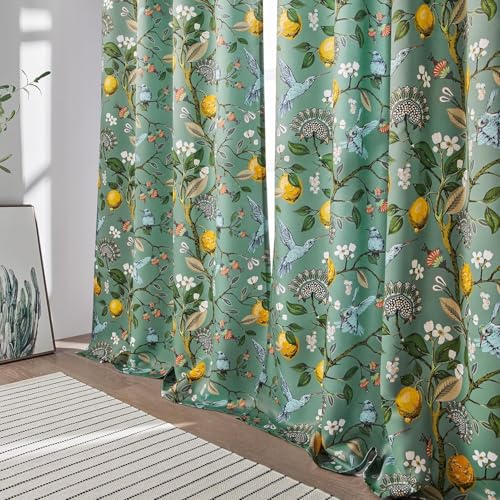 Image of BFAM Floral Print 100% Blackout Curtain with Black Linning at Back,Green Bird Print Curtains for Living Room /Bedroom Thermal Insulated Energey Saving 12 Feet Pack of 1 Curtain