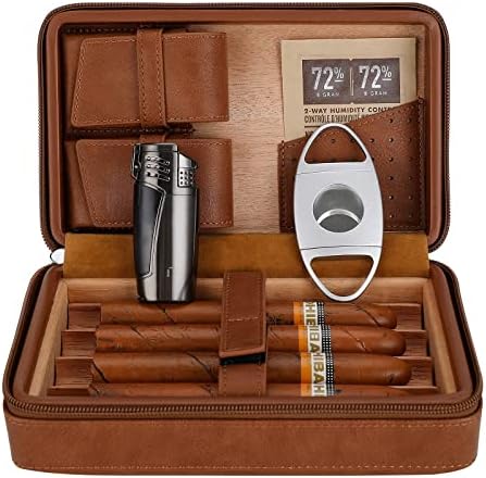 CiTree Cigar Travel Humidor, Cedar Wood Leather Cigar Case with Cigar Accessories Gift Set, Brown