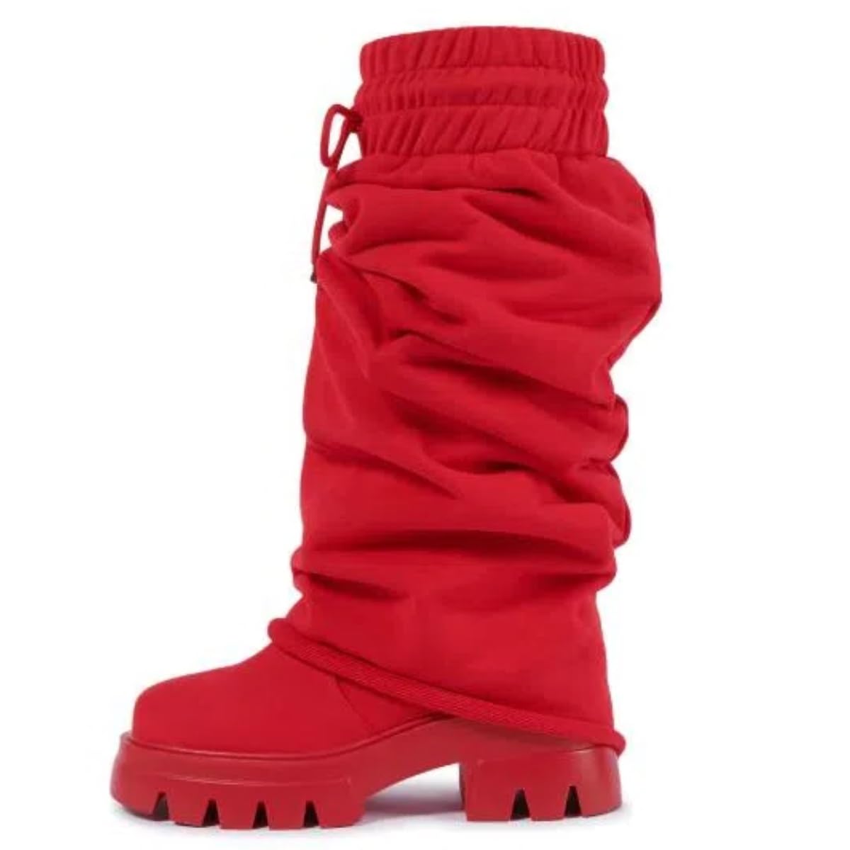 Womens Platform Heels Elastic Slouchy Pull On Mid Calf Boot